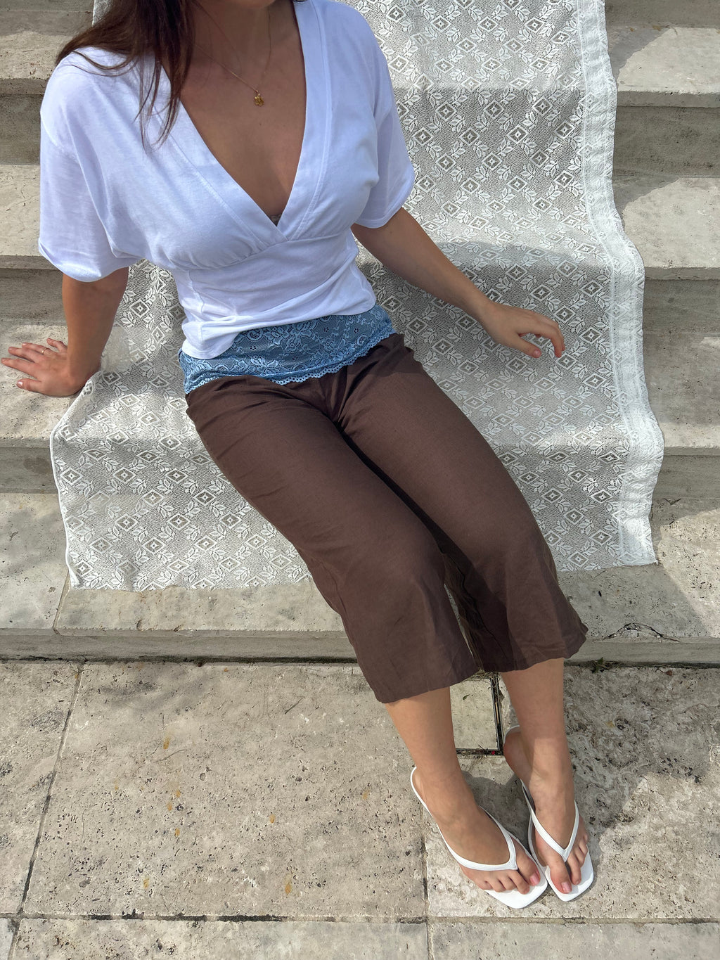 Lexie Lace Capri Pants Mocha and Baby Blue