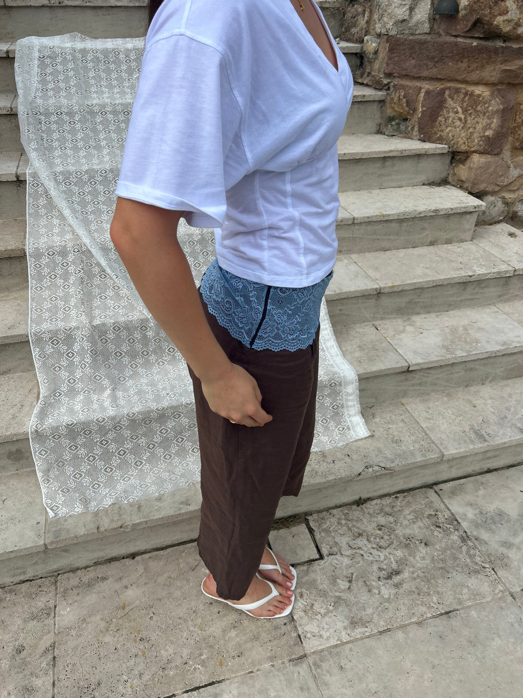 Lexie Lace Capri Pants Mocha and Baby Blue